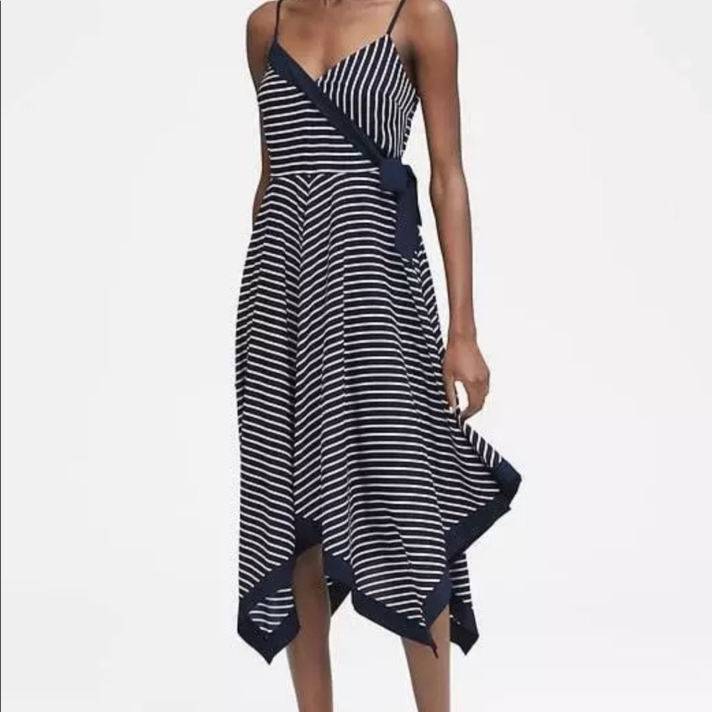 Navy Stripe Strappy Handkerchief-Hem Dress